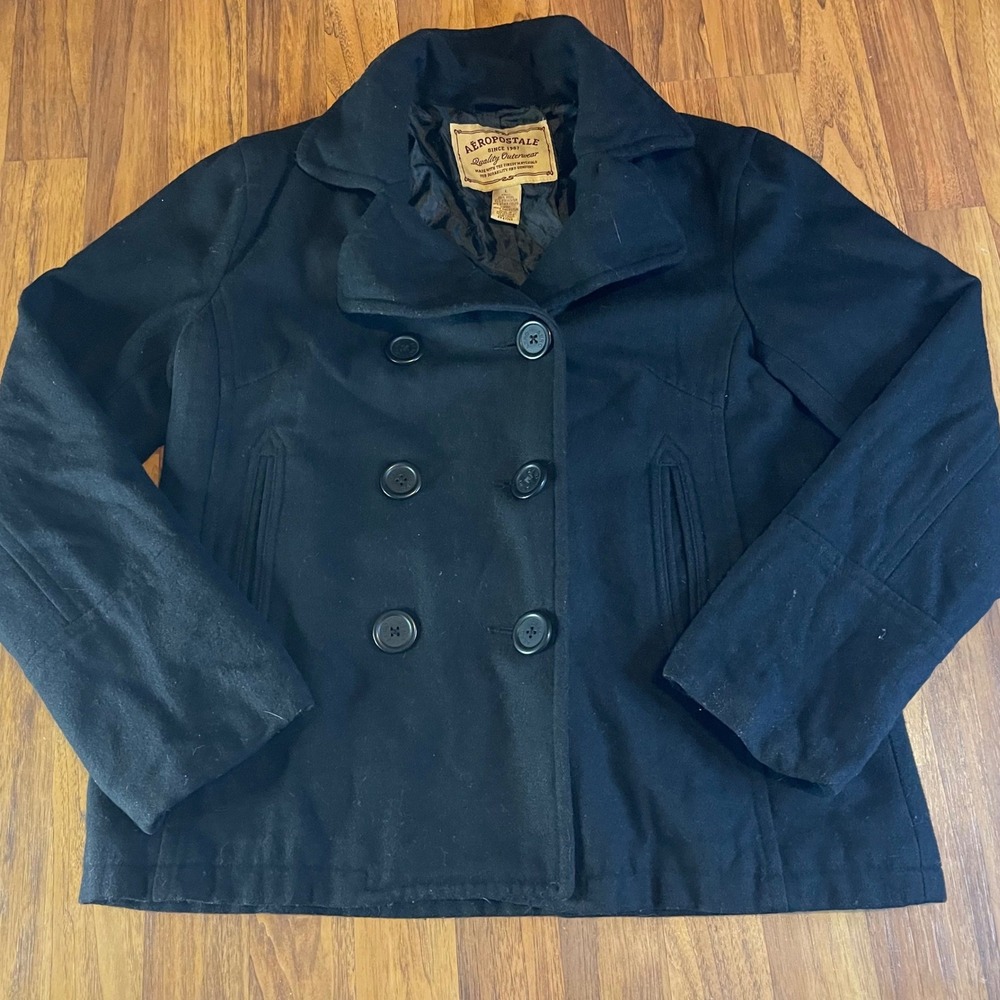 Aeropostale Pea Coat Womens Large Black Wool Blend Double Breasted Winter Jacket